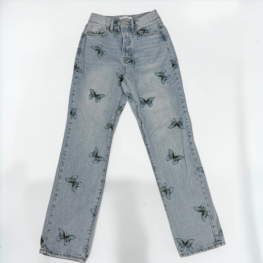 PacSun Womens Butterfly Print High Waisted Straight Leg Light Wash Jeans